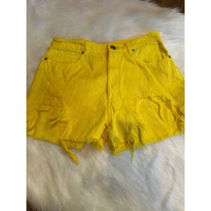 Zara Women's Yellow Distressed Denim Shorts - Size 10